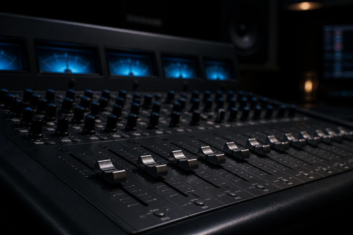 Consola de mezcla profesional en un estudio oscuro